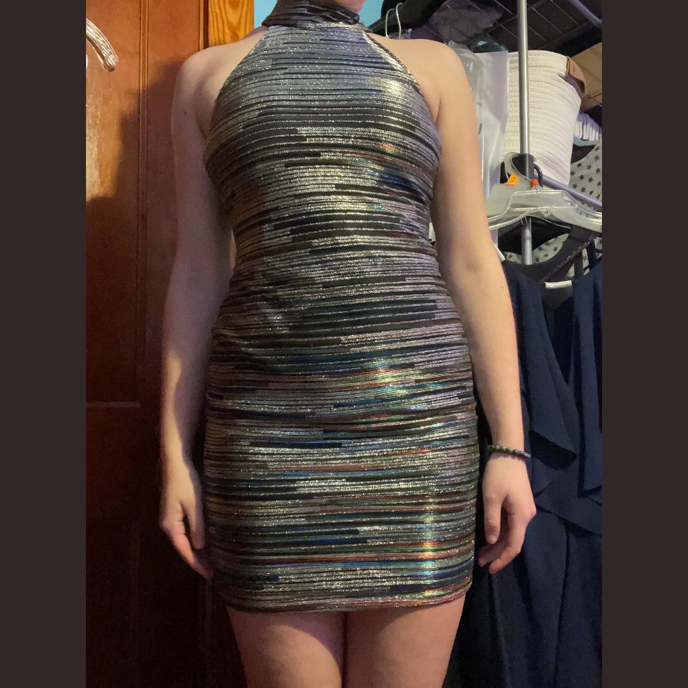 High Neck Reflective Bodycon Multicolor Homecoming Dress